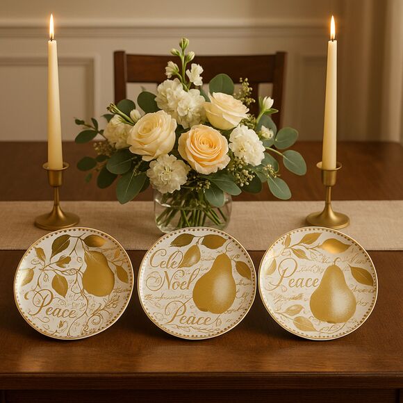 3 Vintage Restoration Hardware Noel Peace Dessert Plates White Gold Christmas - Picture 1 of 5